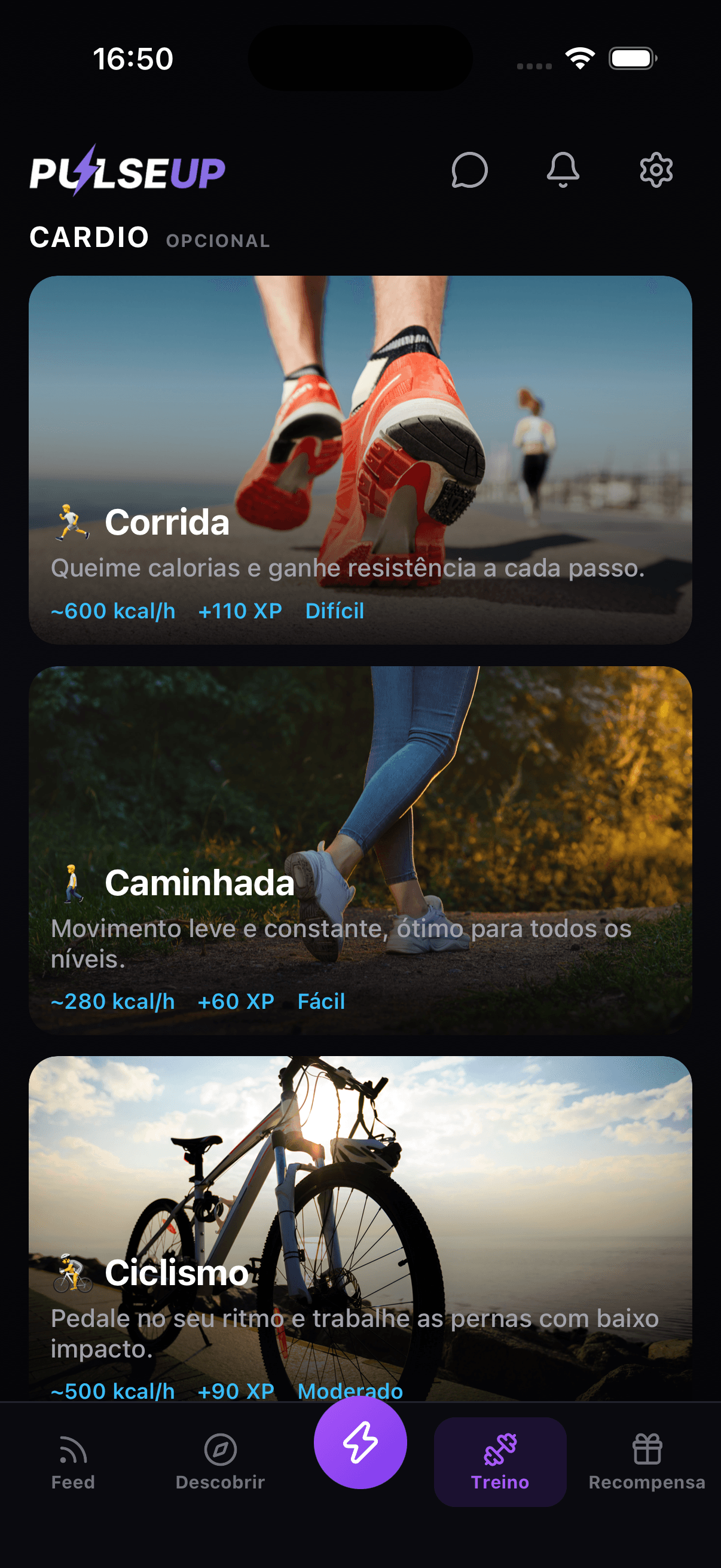 PulseUp cardio selection screen